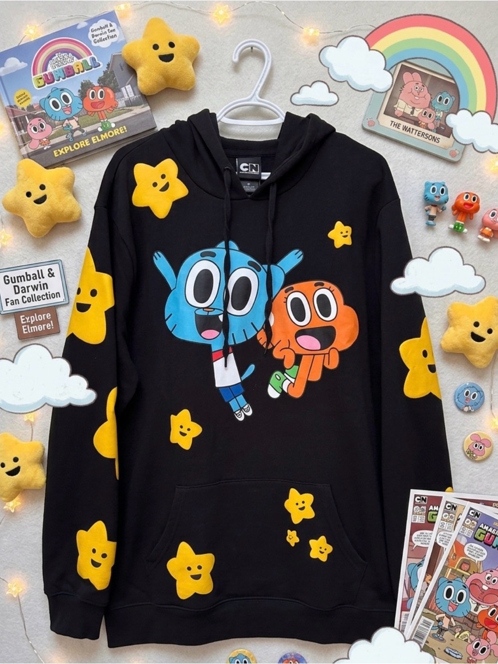 Cartoon Network Black Hoodie with Blue Gumball, Orange Fish Darwin & Yellow Star